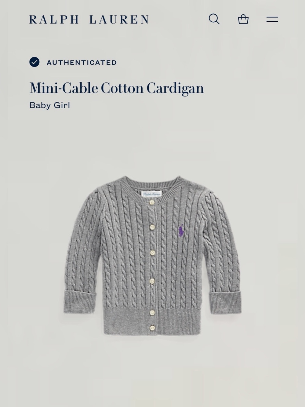 Ralph Lauren Baby Girl Mini-Cable Cotton Cardigan - Gray 9 months